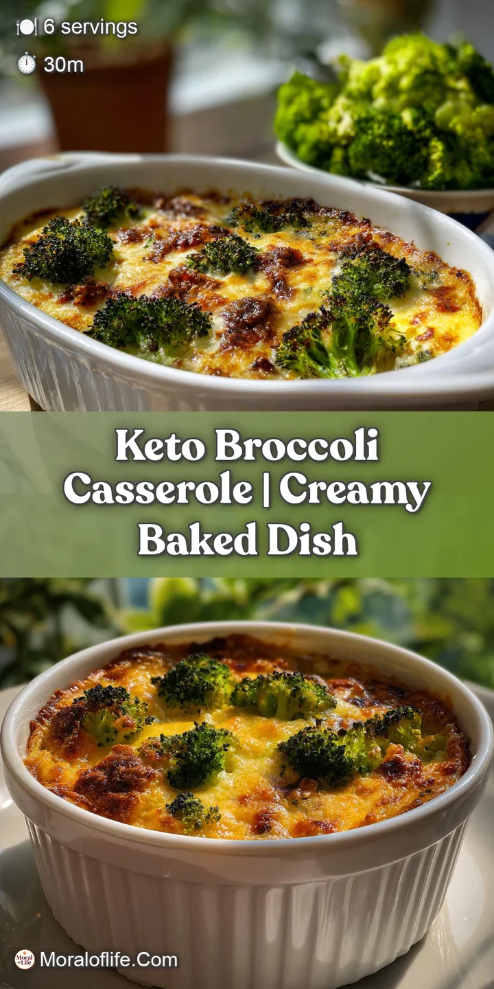 Close-up of bubbling, cheesy broccoli casserole. The top is golden and crispy, revealing tender, bright green broccoli und...
