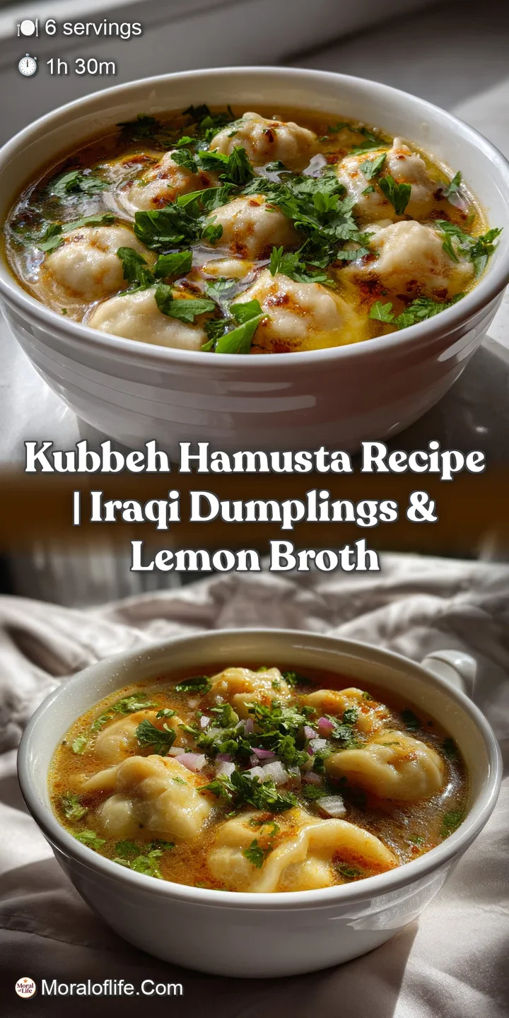 Close-up of a tender kubbeh, showcasing its delicate shell. The citrus broth steams gently, promising a warm, flavorful ex...