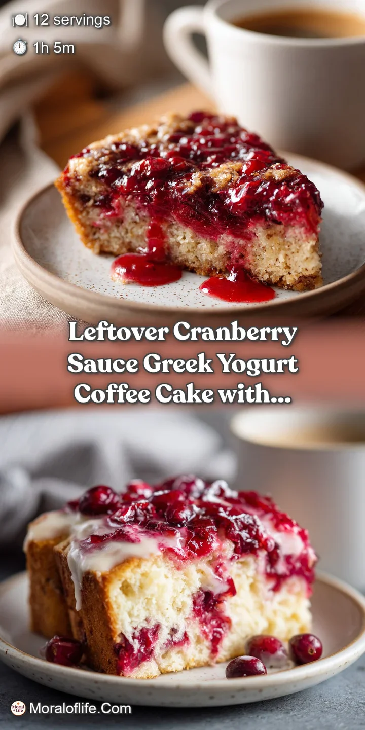 Up-close, a moist crumb of coffee cake glistens with tart cranberry sauce. A spoonful of Greek yogurt adds creamy contrast.