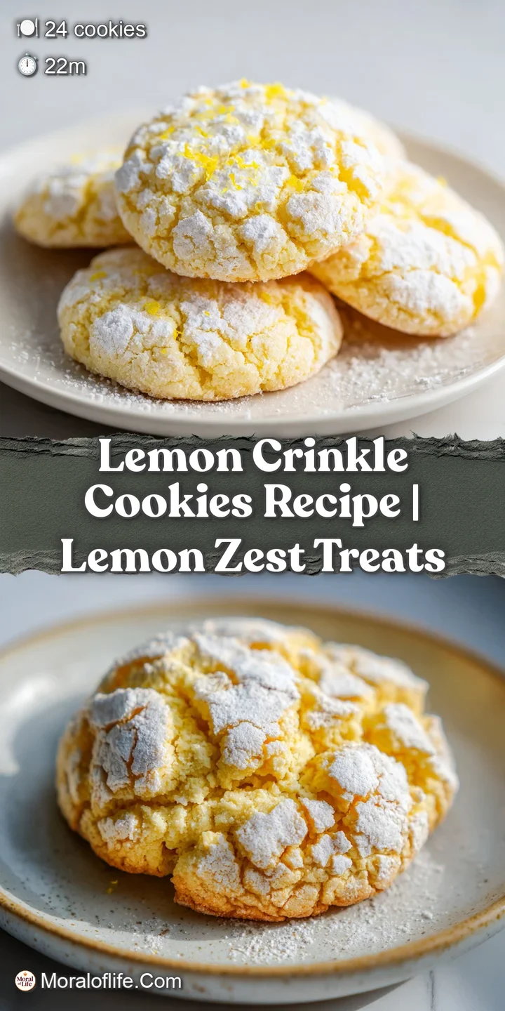 Close-up of a lemon crinkle cookie showing its cracked surface covered in powdered sugar. Hints of yellow peek through.