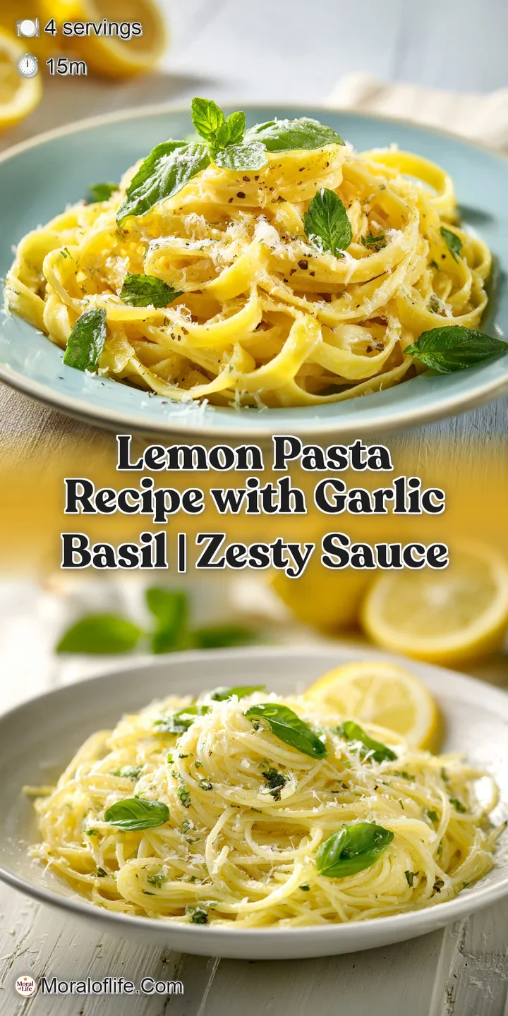 Close-up captures the glossy lemon pasta strands, flecked with basil and garlic, hints of pepper, bathed in a light, lemon...