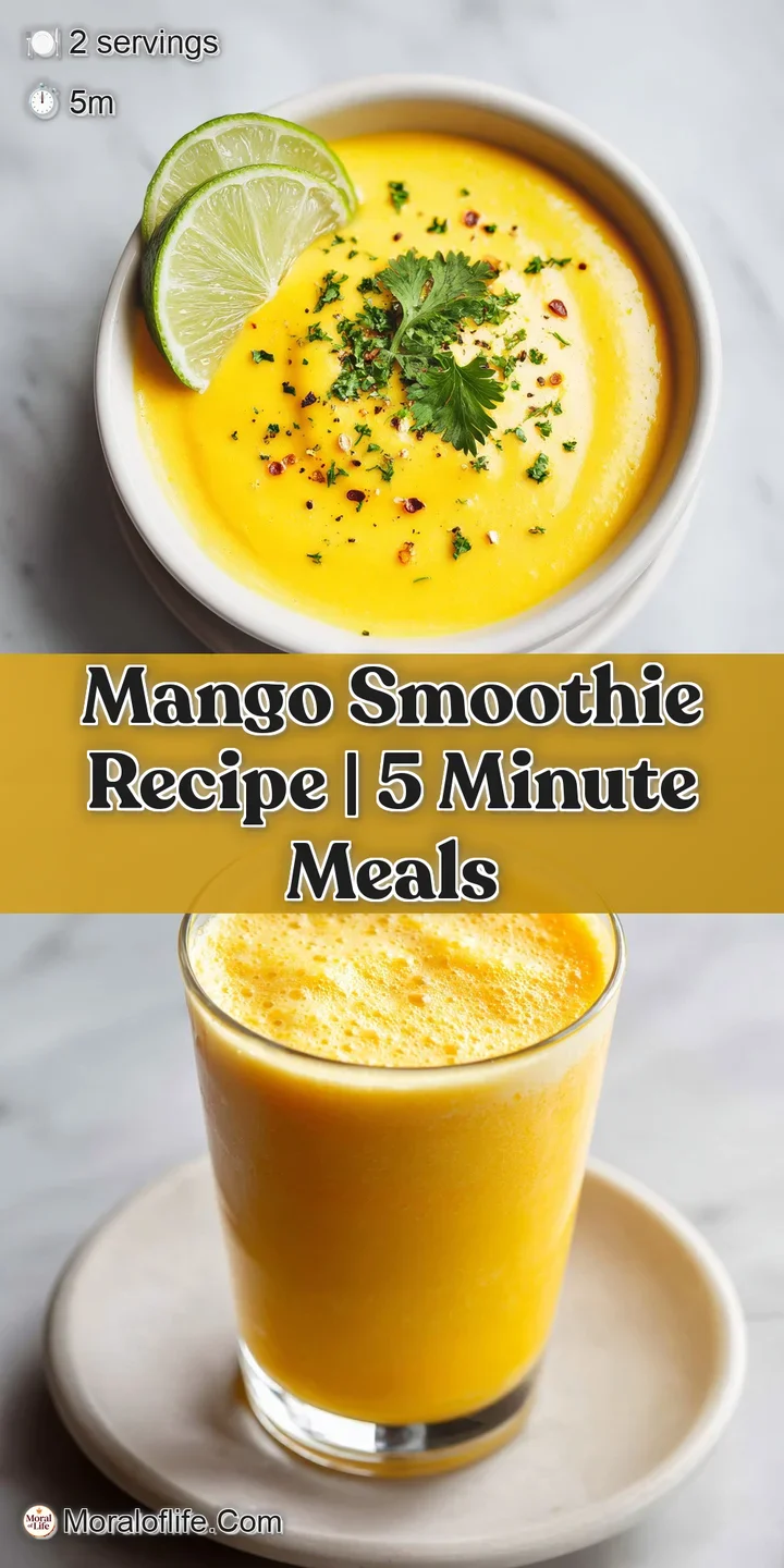 A frothy, golden mango smoothie in a glass, with condensation showing it's refreshingly cold.