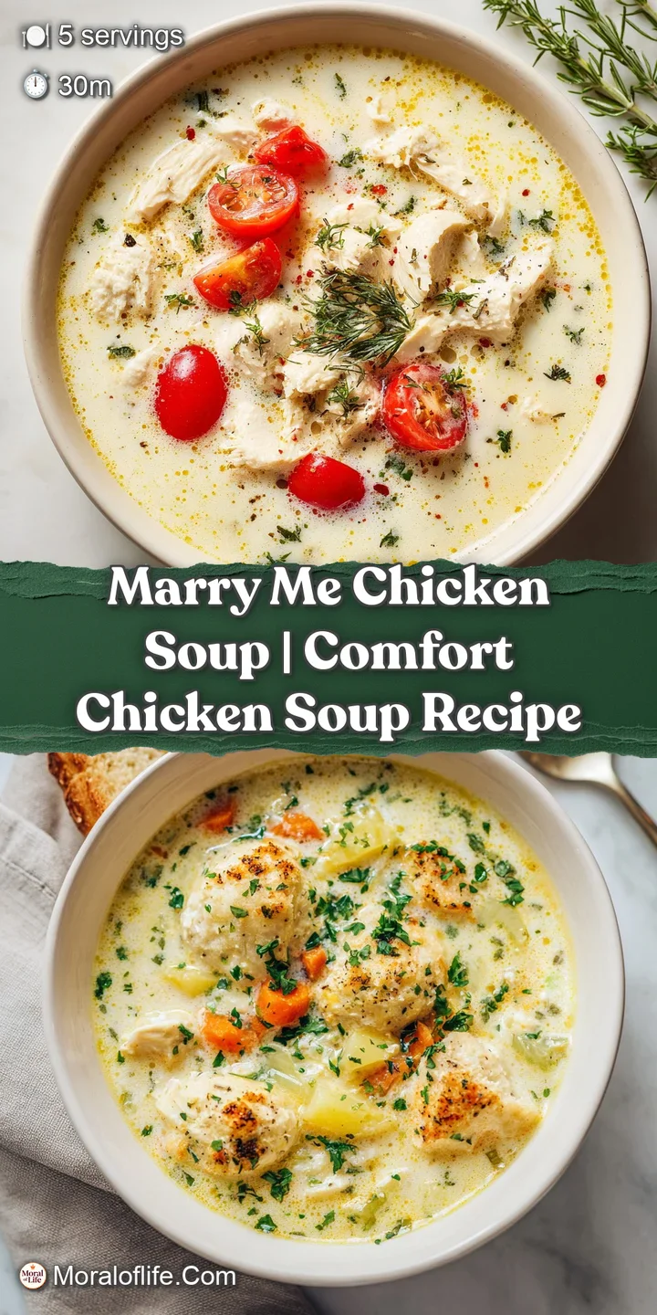 Close-up of tender shredded chicken in a lusciously creamy soup, showcasing velvety smooth texture.