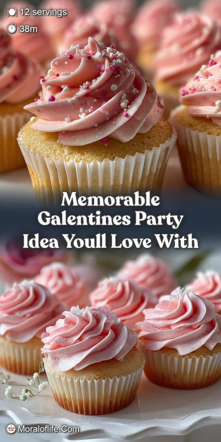 Close-up of a moist, pink champagne cupcake with a swirl of sweet frosting, glistening edible glitter, and dainty pearl sp...