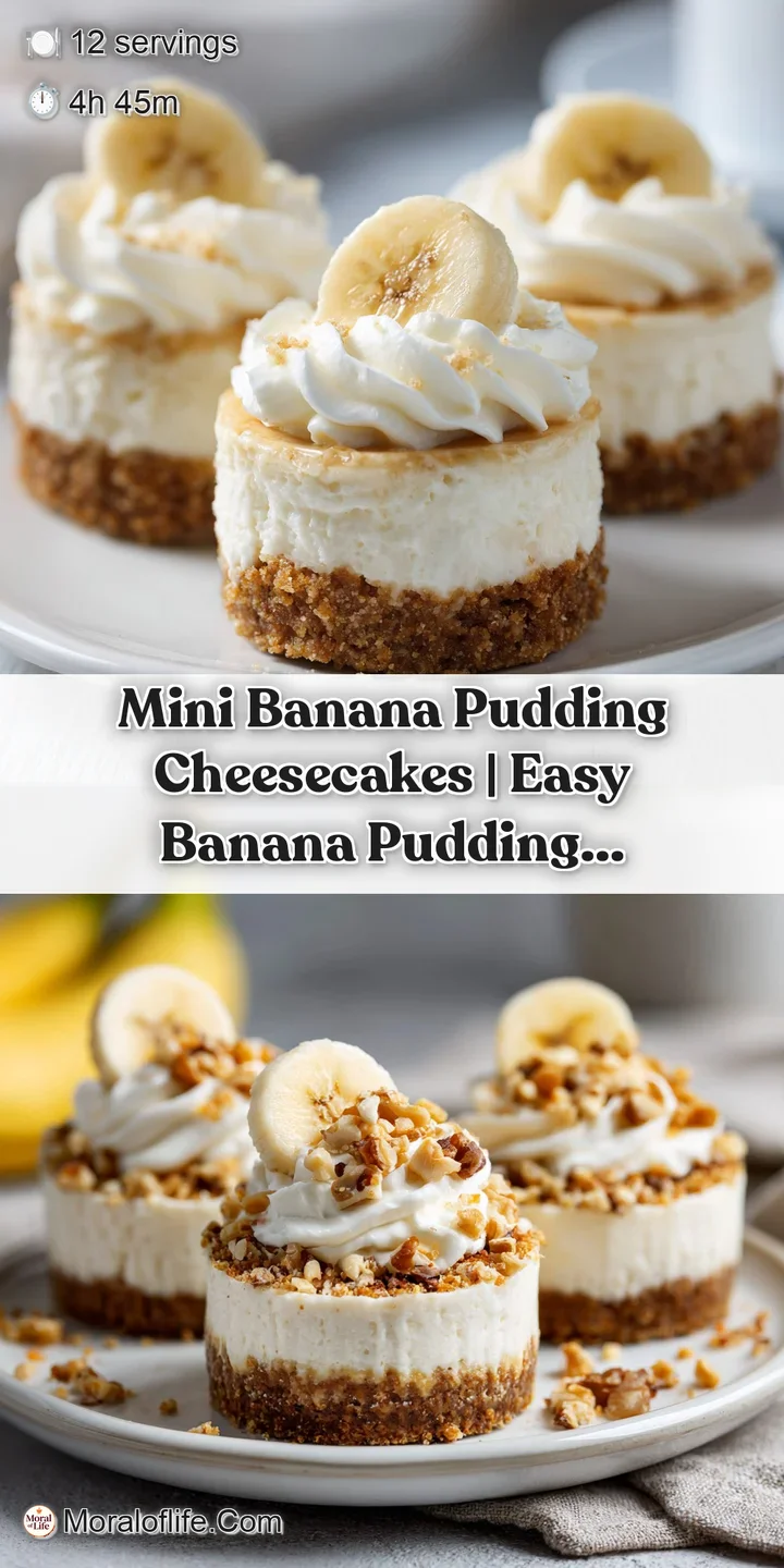 Close-up of a miniature cheesecake with a golden crust, topped with velvety banana pudding and a glistening maraschino che...