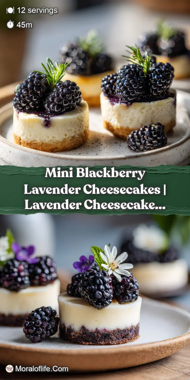 Close-up of a mini cheesecake's tender crumb topped with plump, juicy blackberries and a hint of lavender.