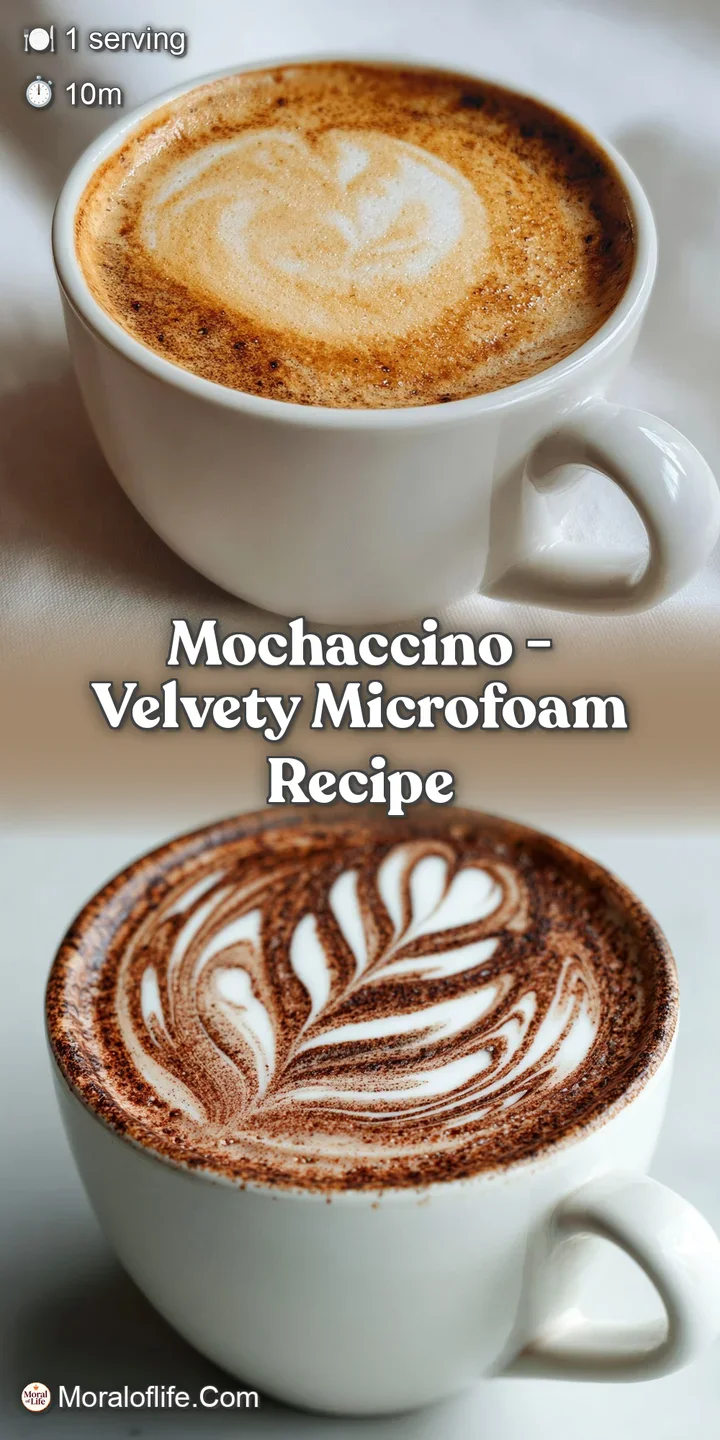 Close-up of a mochaccino: dark chocolate swirling as it melts into frothy milk, creating a marbled, tempting appearance.