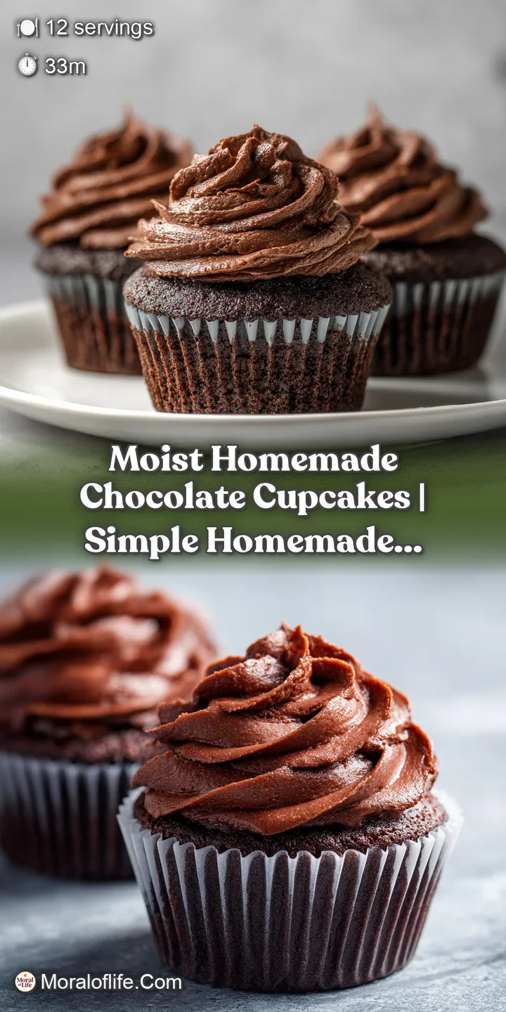 A close-up of a moist chocolate cupcake, revealing its tender crumb and crowned with a dollop of smooth, decadent frosting.