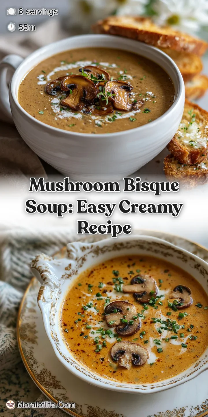 Close-up of rich mushroom bisque; earthy tones & luxurious texture are emphasized with fresh herb garnish.