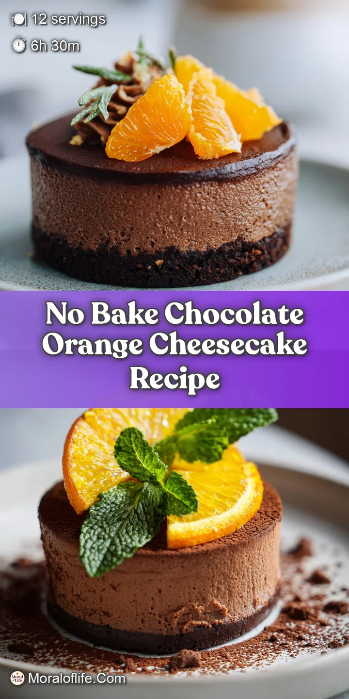 Close-up of a decadent chocolate orange cheesecake; rich, moist texture with a deep chocolate hue contrasting vibrant oran...