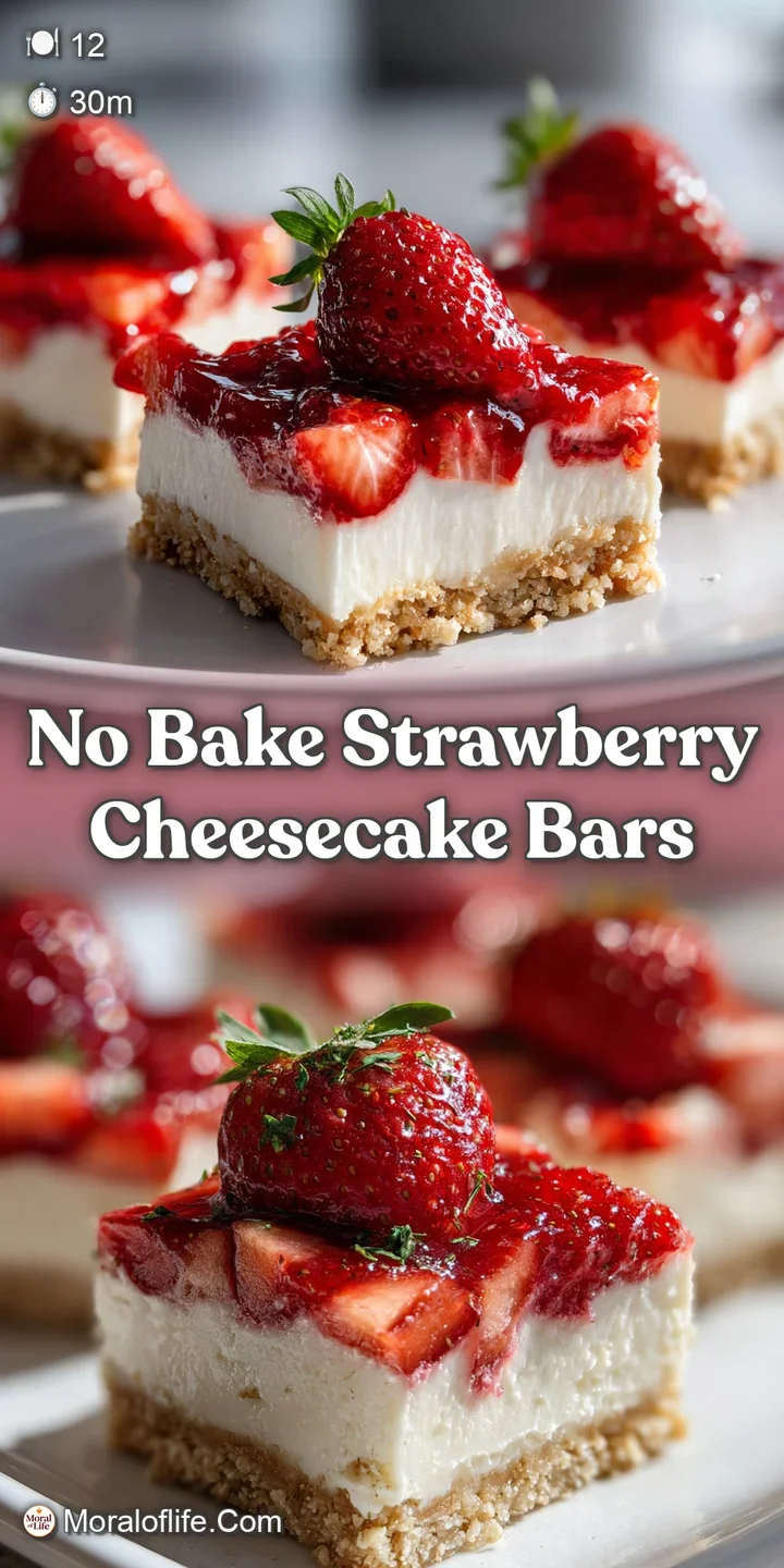 Close-up reveals the creamy texture of a strawberry cheesecake bar, with juicy strawberries and a crumbly crust.