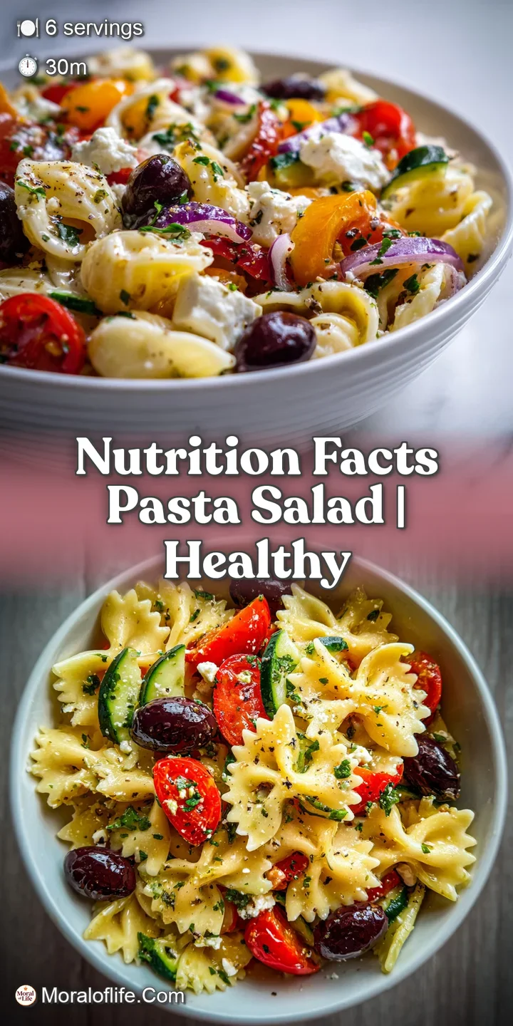 Close-up of zesty pasta salad showcasing glistening pasta, crisp vegetables, and vibrant herbs. A tempting, colorful and h...