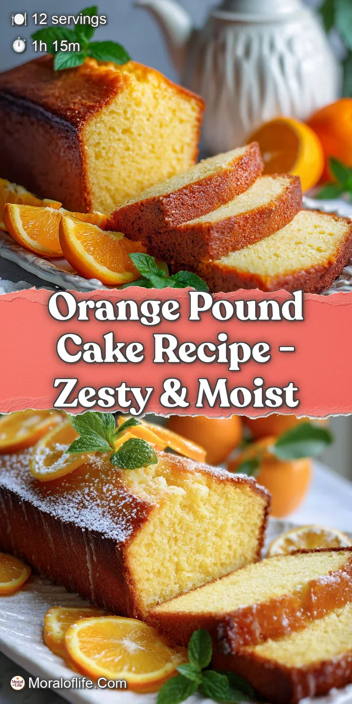 Close-up shows a dense, moist crumb in a slice of vibrant orange pound cake with a sugary glaze finish.
