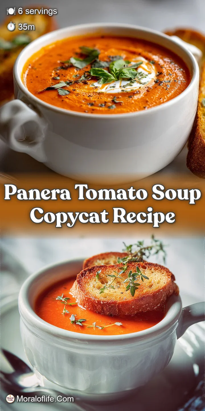 Close-up of rich, red tomato soup glistening with a light sheen, punctuated by bright green basil and a swirl of cream.