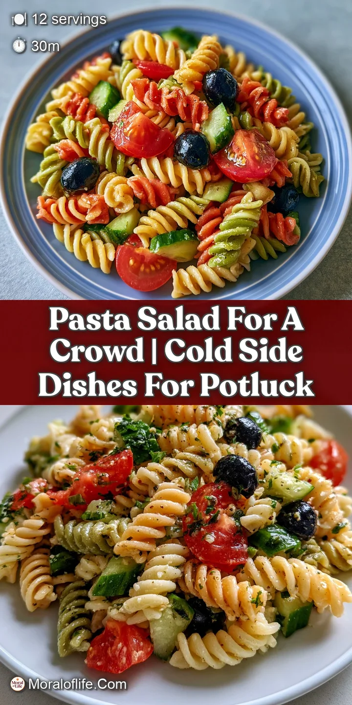 Close-up of glossy rotini pasta coated in vinaigrette with juicy cherry tomato halves and crisp red onion bits.