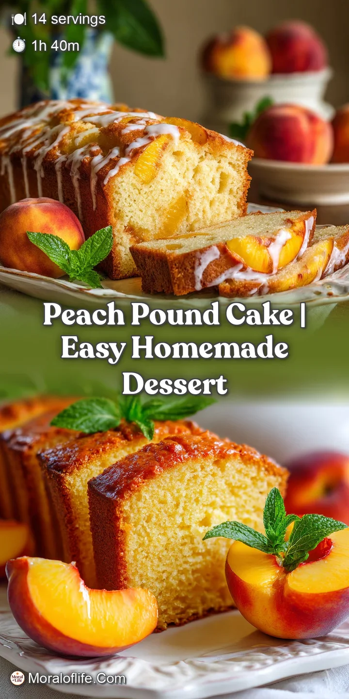 Moist, golden cake studded with soft peach slices, glistening with syrup. The perfect bite; an irresistible, close-up view.