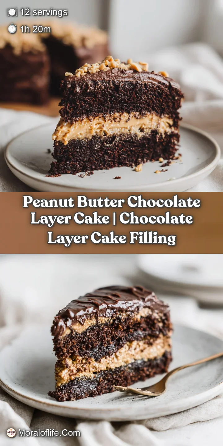 Close-up of fluffy chocolate cake with smooth peanut butter frosting, showing moist crumb and creamy swirls.