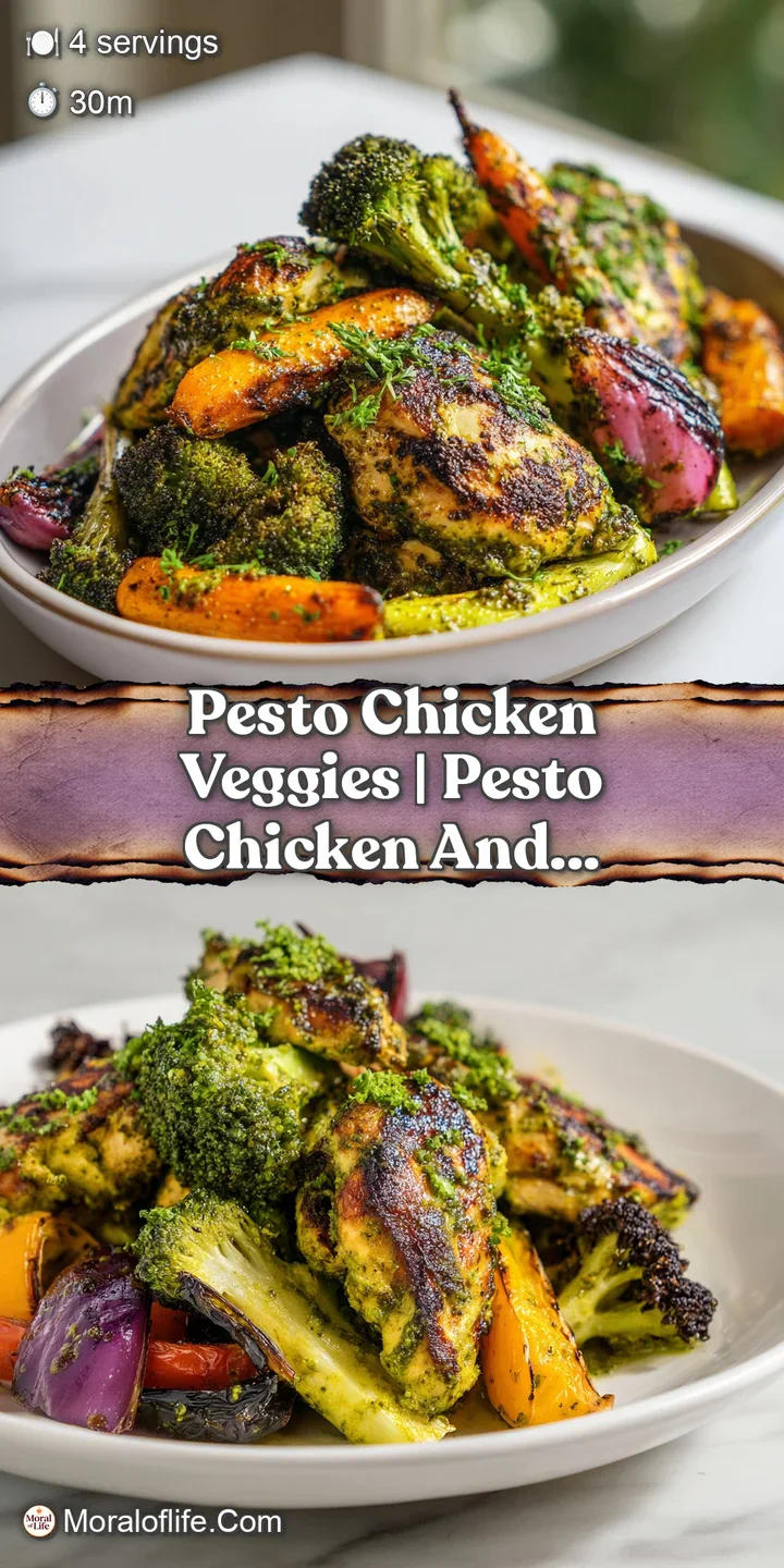 Close-up of succulent chicken chunks and tender carrots glistening in a thick, vibrant green pesto herb coating.