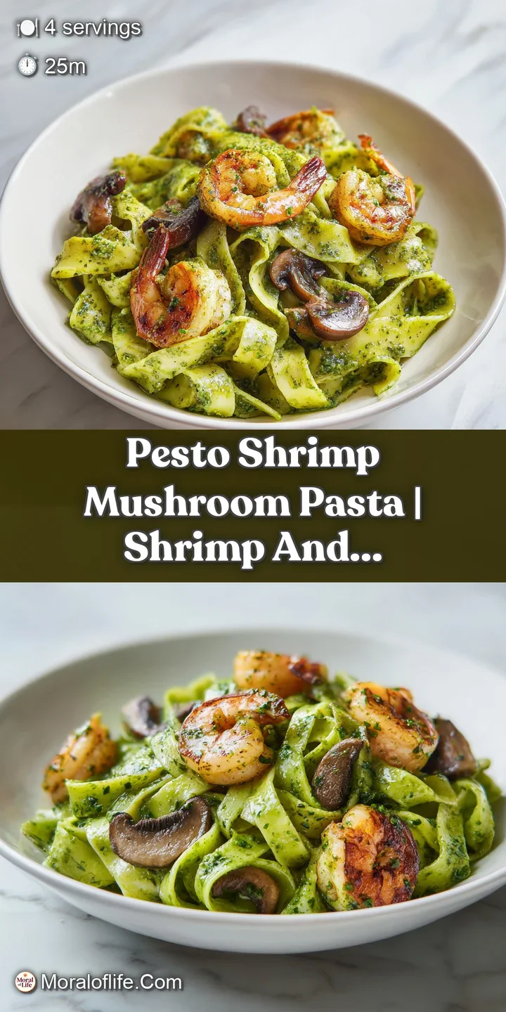 Close-up of glossy, vibrant green pesto clinging to tender shrimp and saut&eacute;ed mushrooms with melted cheese accents.