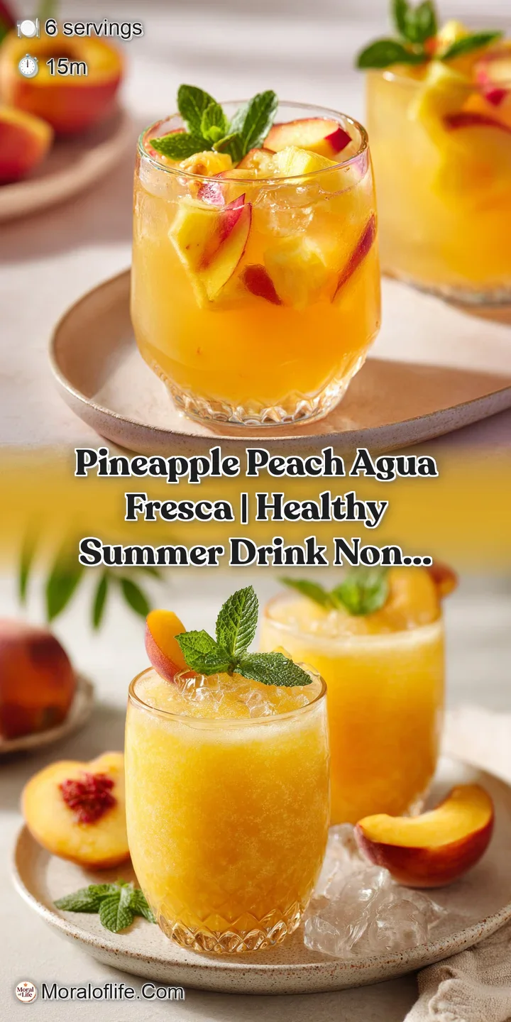 Close-up of icy, thirst-quenching agua fresca. Soft peach and textured pineapple create a visually appealing, colorful drink.
