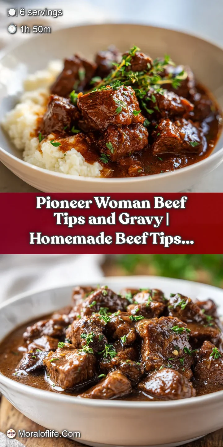 Close-up of succulent, browned beef tips coated in a luscious, dark gravy with visible herb flecks.