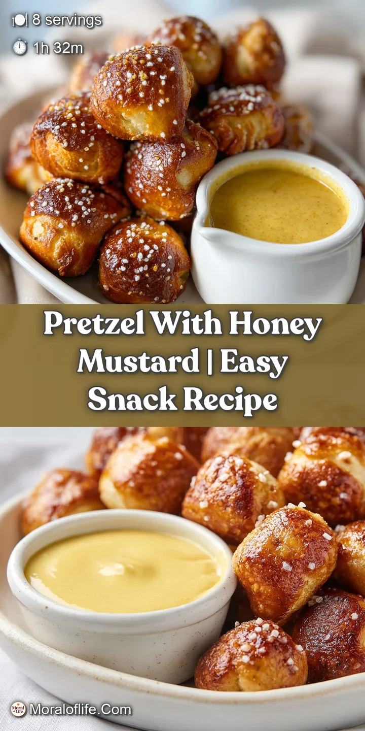 Close-up of a chewy, salty pretzel, glistening with warmth and speckled with crystalized salt, next to a dollop of smooth ...