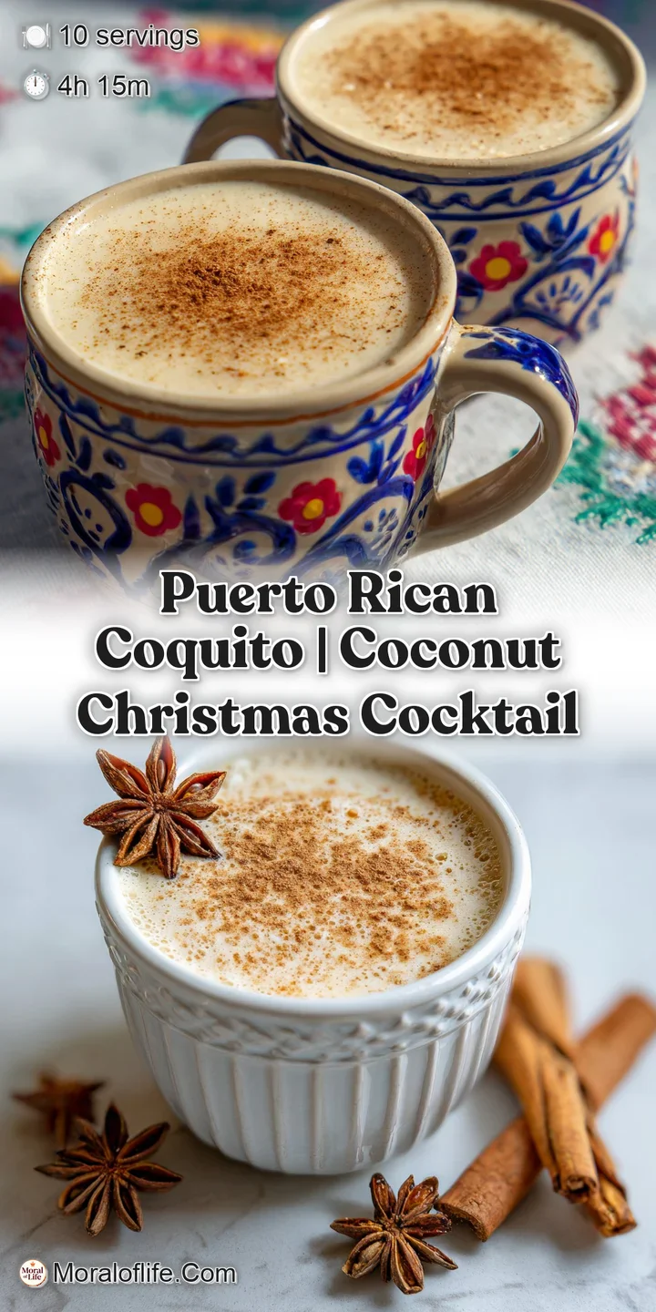 Close-up of coquito: velvety smooth with a dusting of warm cinnamon. Shows the drink's luscious texture, inviting taste.