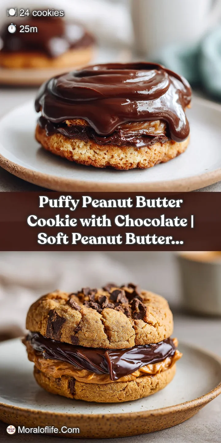 Close-up captures a soft peanut butter cookie; melted chocolate pooling on the golden, slightly cracked surface; mouthwate...