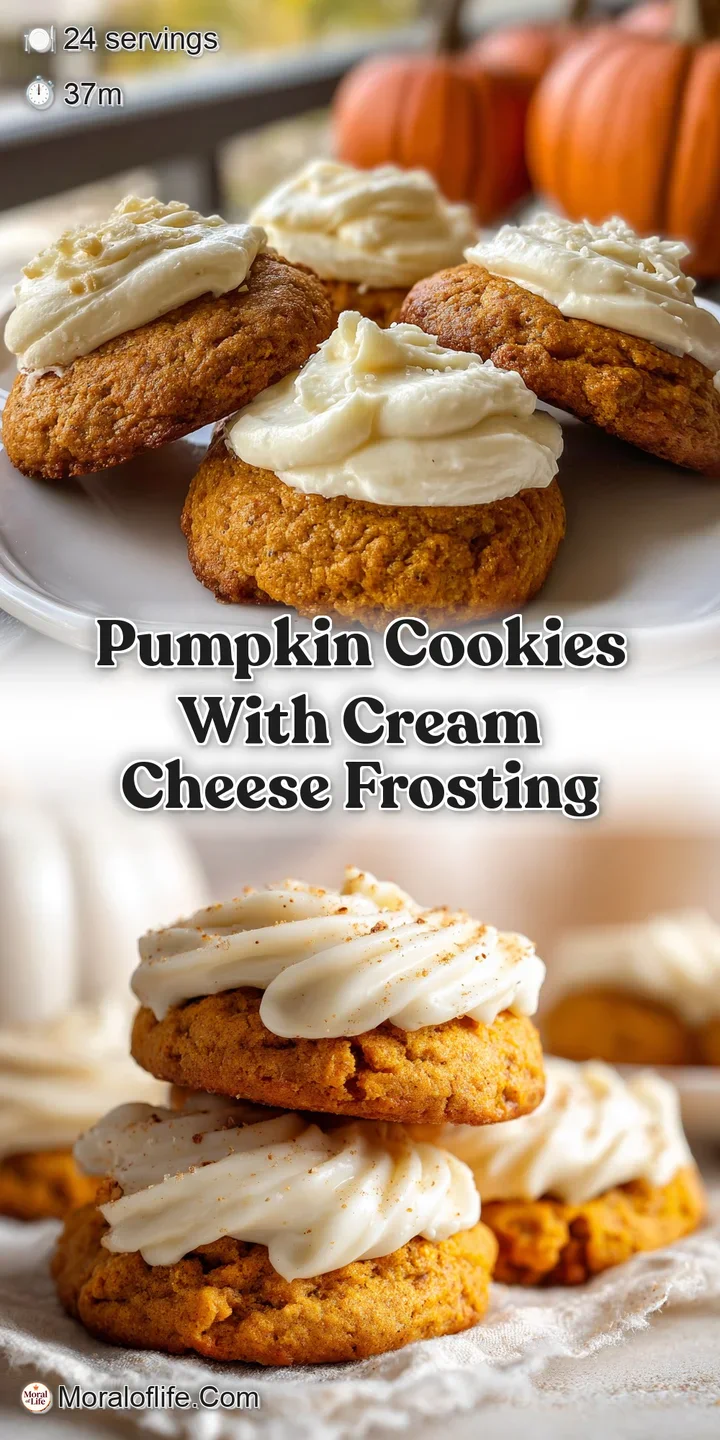 Close-up of a pumpkin cookie with thick cream cheese frosting; soft texture and warm spice dusting visible.