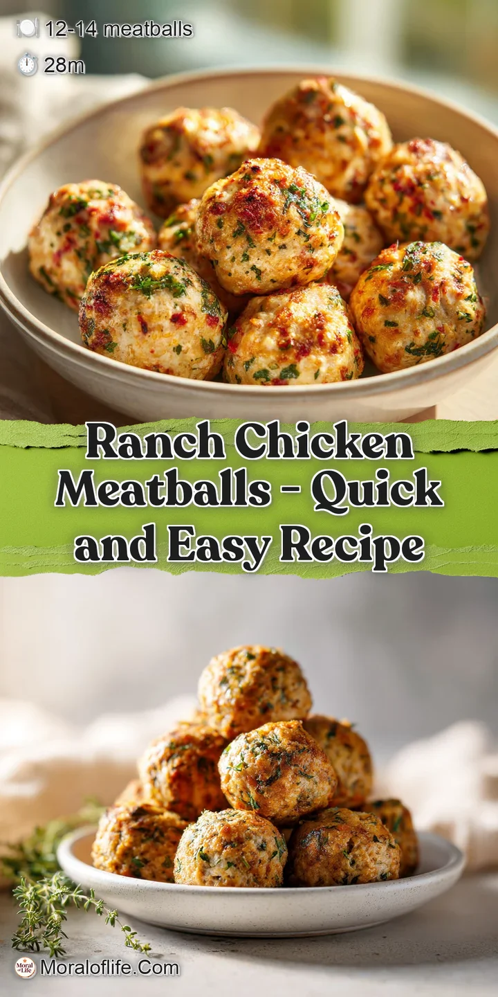 Close-up of tender chicken meatballs coated in a rich, creamy ranch sauce, showing the speckled herbs and browned surfaces.