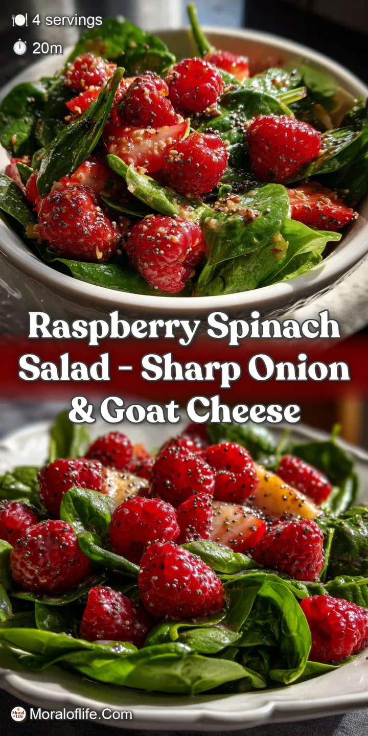 Close-up of plump, ripe raspberries and fresh spinach leaves, drizzled with a light vinaigrette. Textures and color pop!