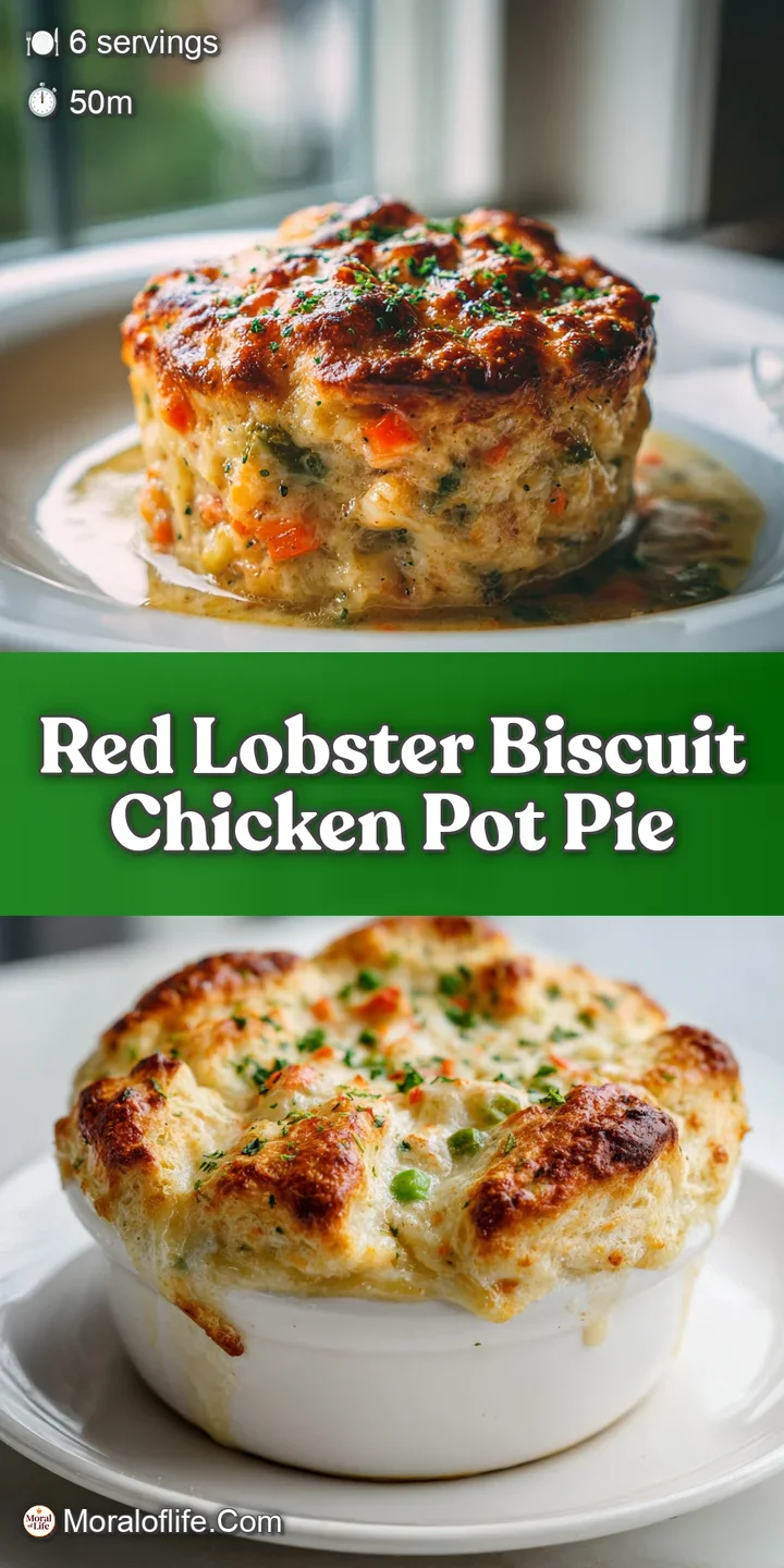 Close-up shows the golden, flaky layers of a Red Lobster biscuit, nestled into a creamy, bubbling chicken pot pie filling.