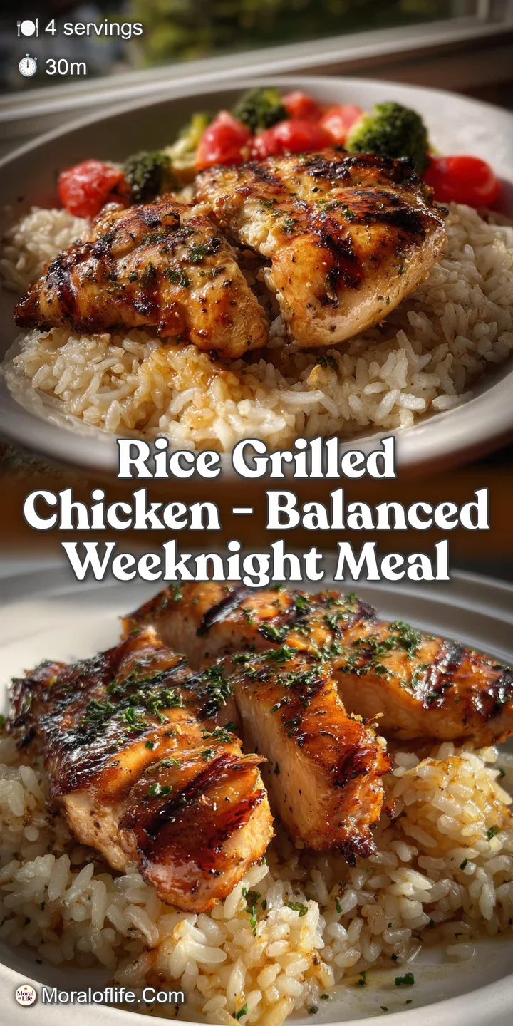 Close-up of succulent grilled chicken with a crispy, seared skin, alongside a spoonful of glistening rice, showcasing savo...