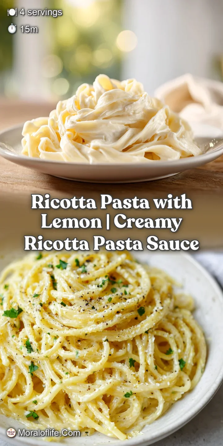 Close-up of vibrant lemon zest and fresh herbs sprinkled over twirls of ricotta-coated pasta. Creamy, textured sauce is vi...