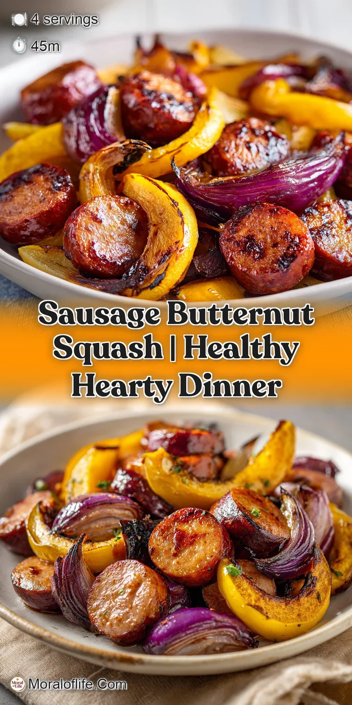 Macro shot of juicy, browned sausage and tender roasted squash cubes glistening under soft, warm kitchen lighting.