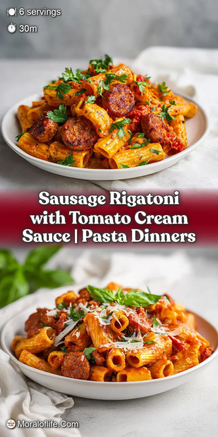 Close-up of plump rigatoni pasta glistening with a velvety, orange-red tomato cream sauce.