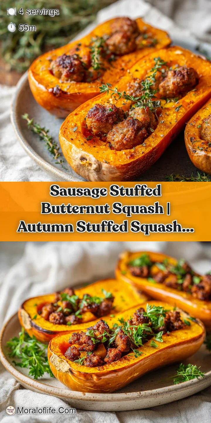Close-up of juicy browned sausage and melted cheese tucked inside a tender, bright orange roasted squash shell.