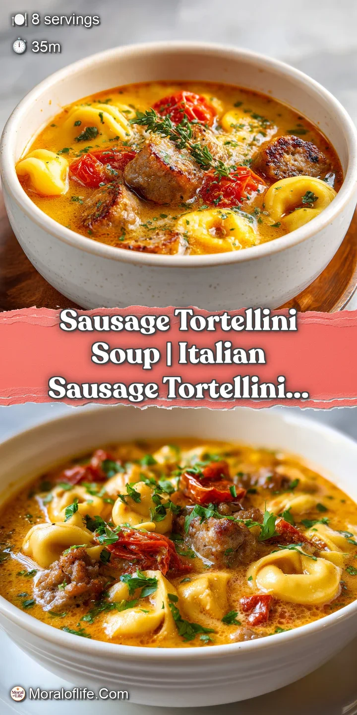 Close-up of tender cheese tortellini and savory sausage crumbles swimming in a rich, velvety cream-based broth.