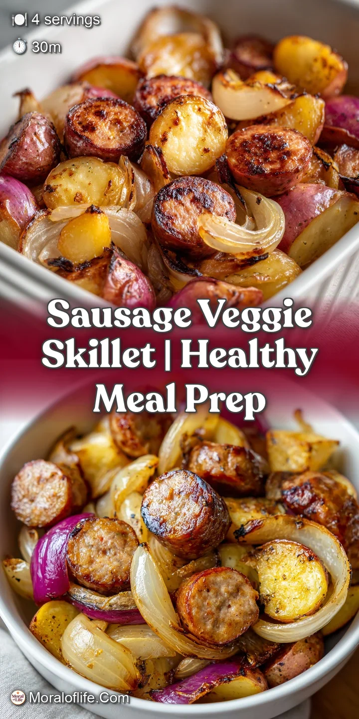 Extreme close-up of glistening, crispy sausage slices beside tender, charred pieces of red and yellow peppers.