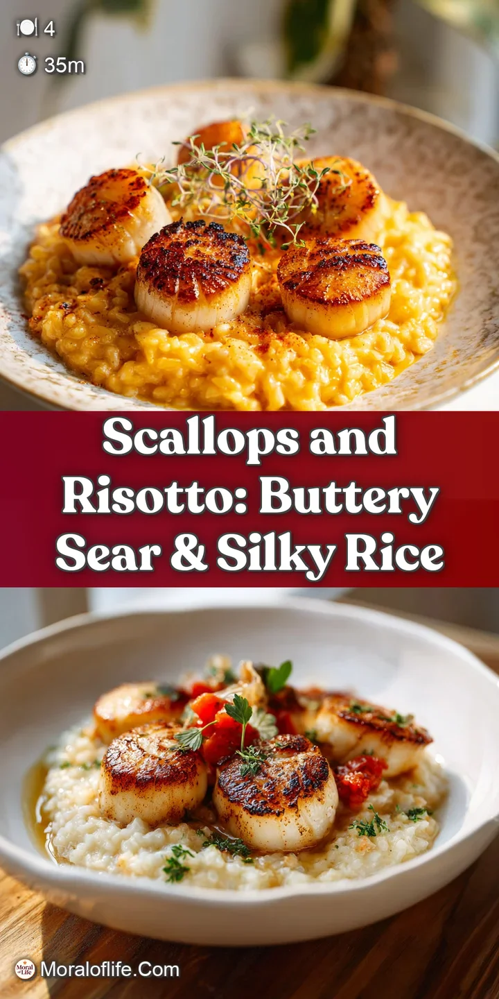 Close-up of plump, caramelized scallop atop creamy risotto. Glistening surface hints at a buttery, rich flavor.
