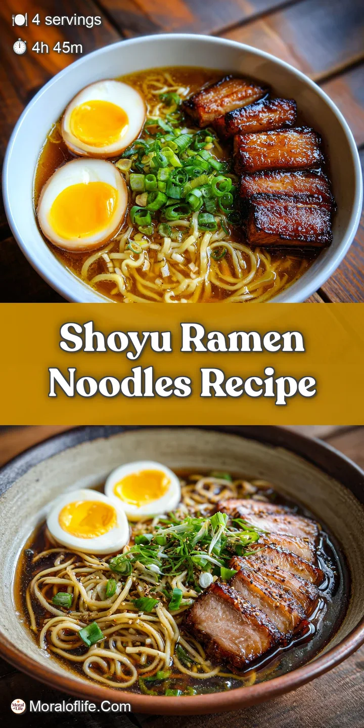 Close-up capturing the rich broth, chewy noodles and savory toppings of shoyu ramen; steam rising invitingly.