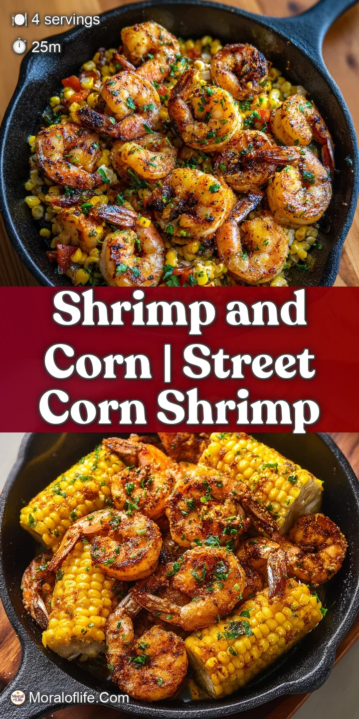 Close-up of succulent, butter-glazed pink shrimp and sweet yellow corn with visible specks of cracked black pepper.