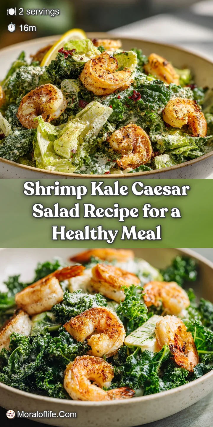Close-up of tender pink shrimp and crisp dark kale leaves glistening with rich, creamy Caesar dressing and crunchy croutons.