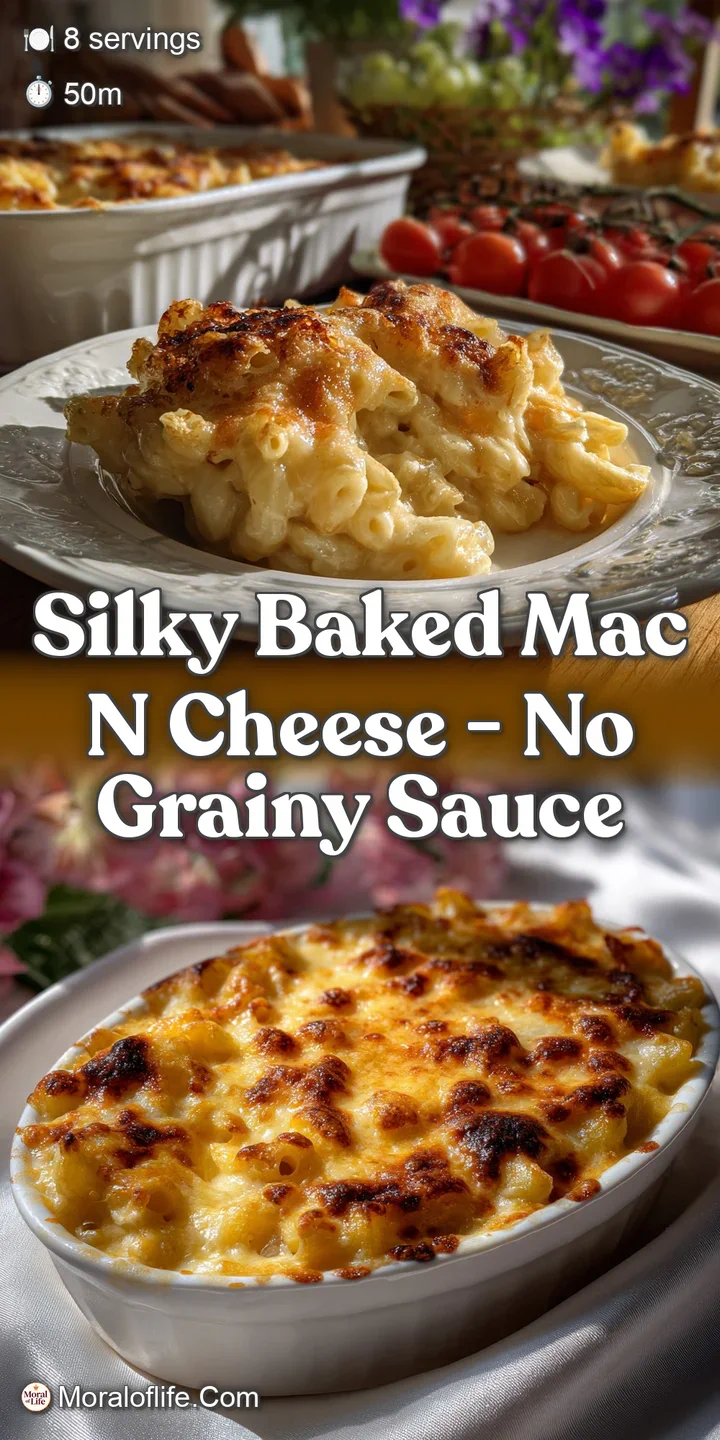 Close-up of the smooth, velvety mac and cheese. The sauce clings to the perfectly cooked elbow macaroni, promising a rich,...