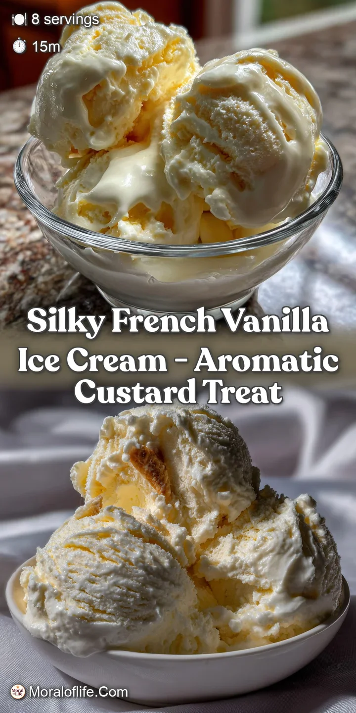 Close-up of a melting scoop of vanilla ice cream with flecks of vanilla bean. The rich custard base appears thick and invi...