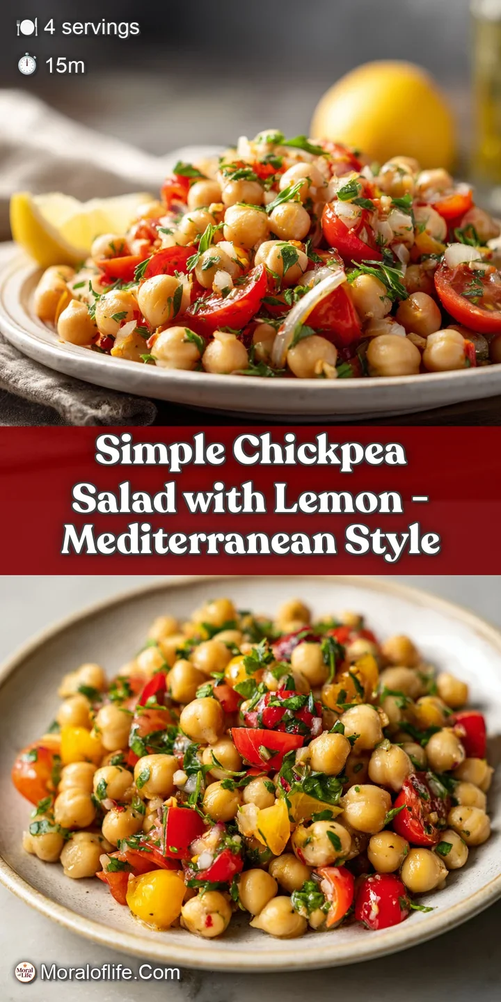 Close-up of a fresh chickpea salad. See the creamy, light texture, bright herbs, and glistening lemon dressing.