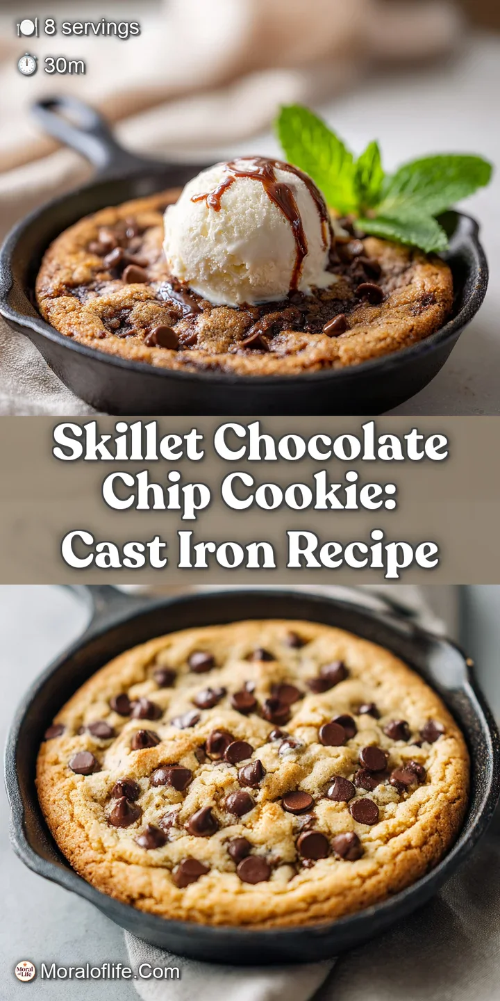 Close-up of a gooey chocolate chip cookie skillet, the warm chocolate glistening against the golden-brown baked dough. Irr...