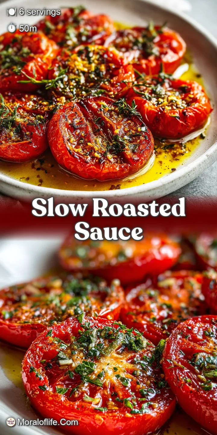 Close-up showcases glistening, caramelized Roma tomatoes, infused with fragrant garlic and herbs, creating an irresistible...