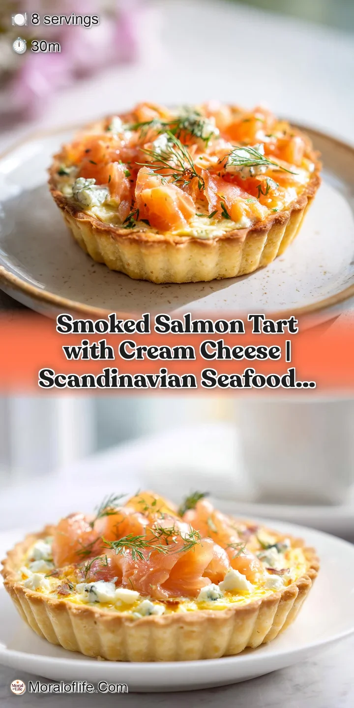 Close-up: glistening smoked salmon roses atop a creamy, ivory-colored tart filling with flecks of green herbs, inviting an...