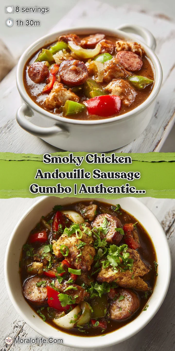 Close-up of a rich, deep brown gumbo with glistening chunks of chicken and smoky andouille sausage pieces.